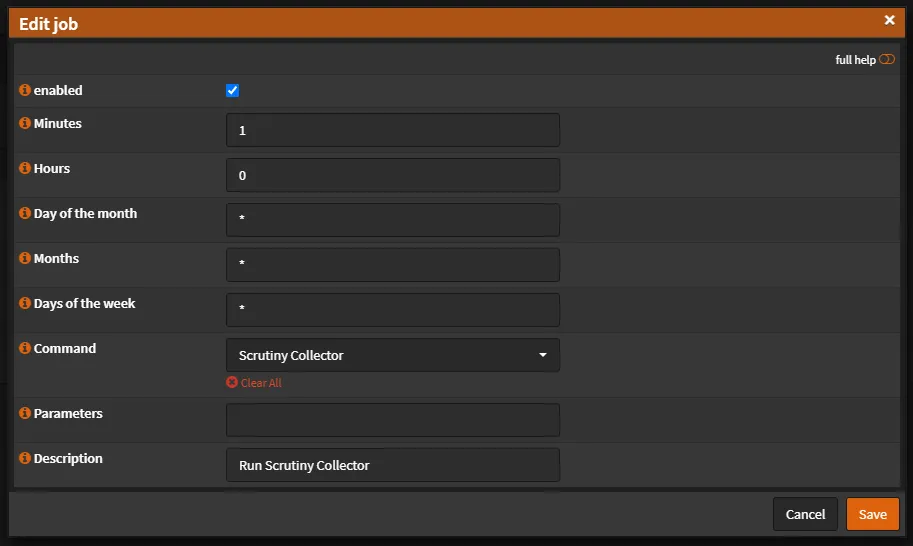 OPNsense cron Edit job dialog, set to run the Scrutiny Collector command at 1 minute past midnight every day